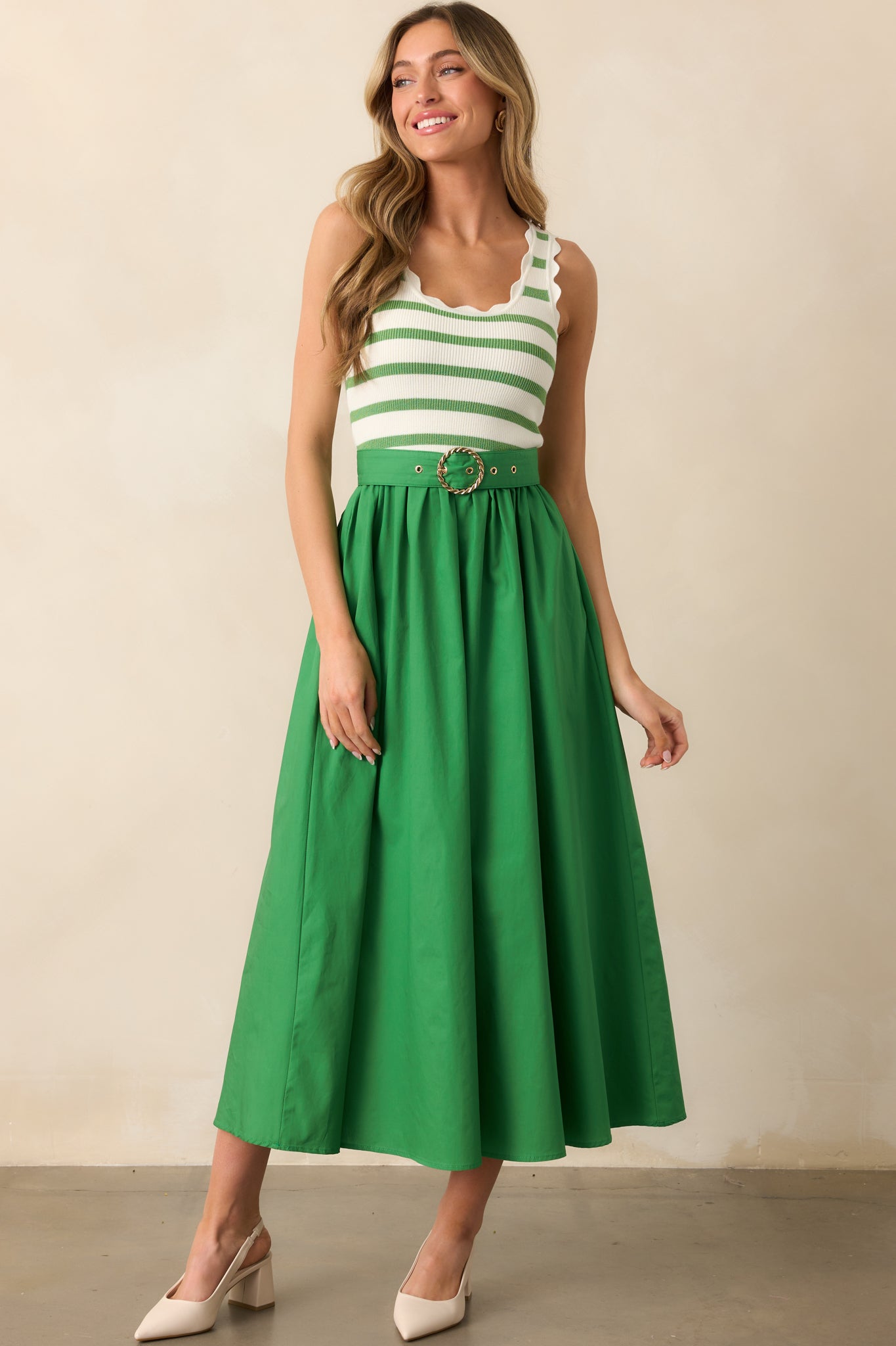 Greer Eden Green Stripe Cotton Midi Dress