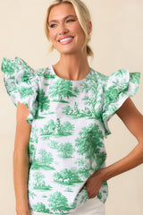 Avery Eden Green Toile Cotton Ruffle Top