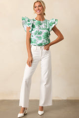 Avery Eden Green Toile Cotton Ruffle Top