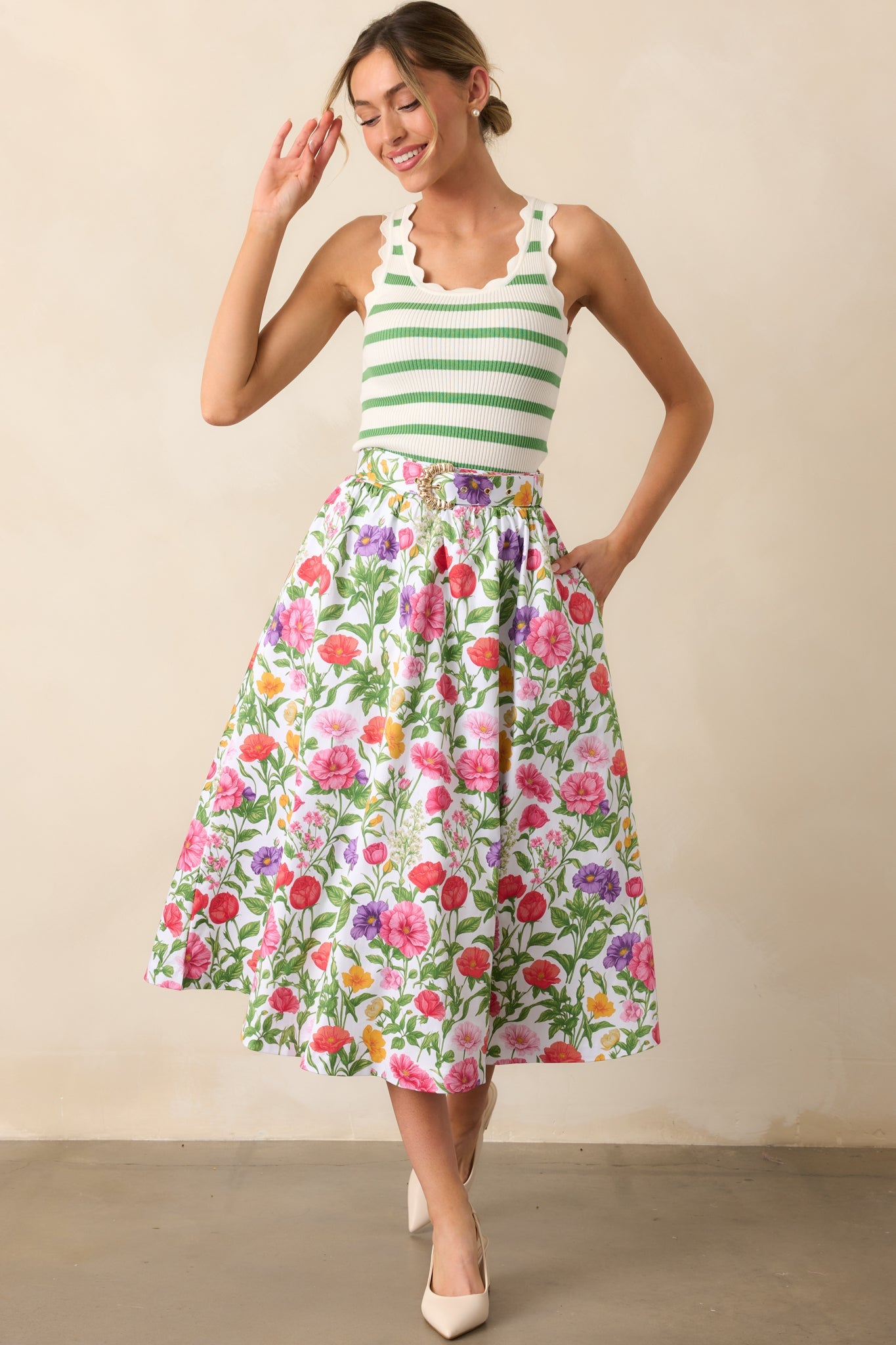 Shay Eden Green Stripe Scallop Cotton Tank