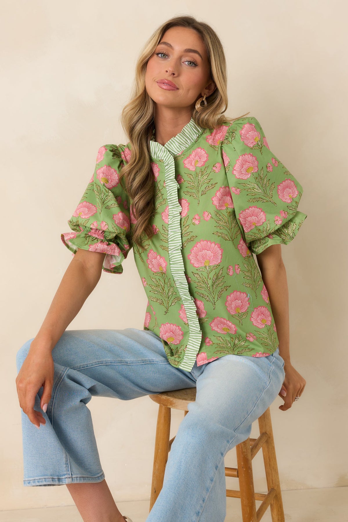 Meadow Morning Green & Pink Floral Print Puff Sleeve Top