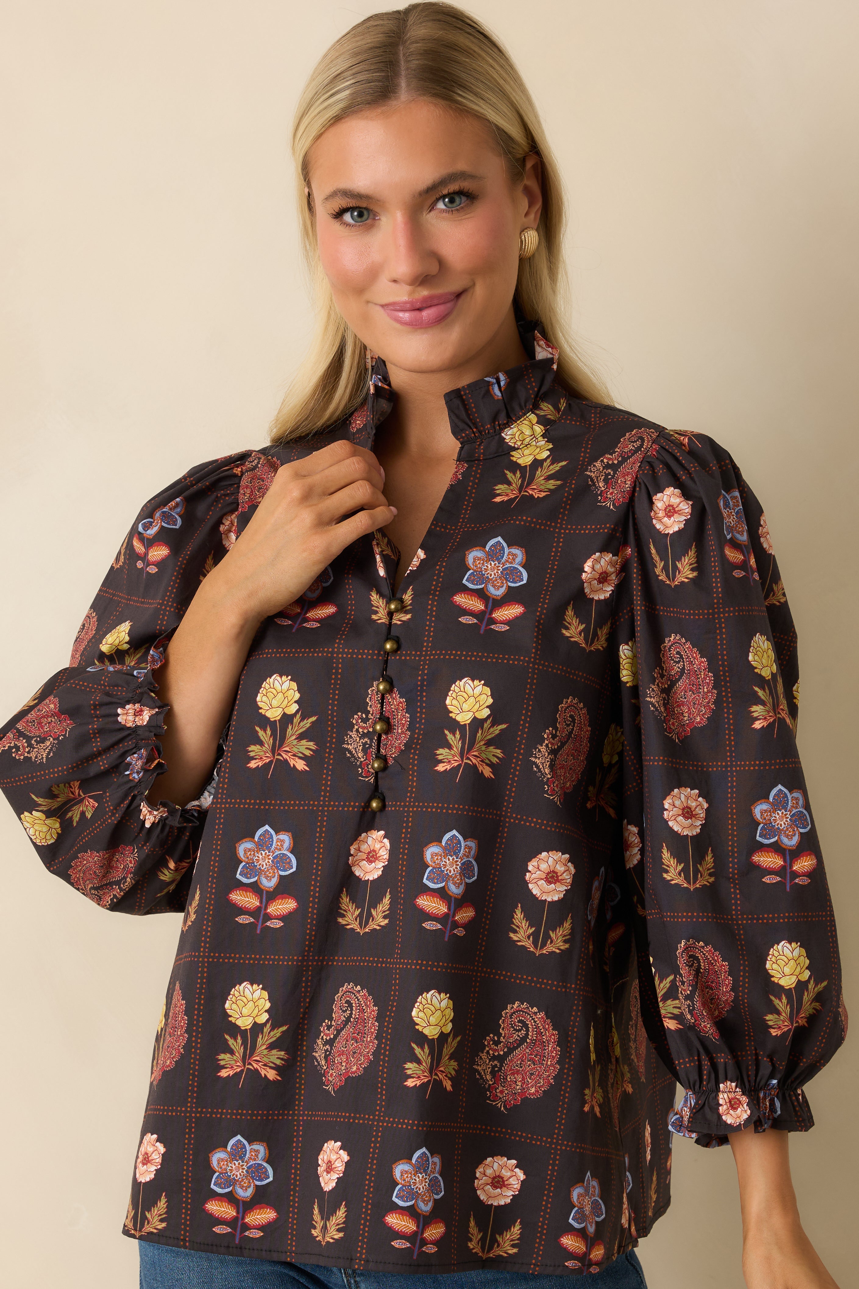 Everything's Blooming Black Multi Floral Cotton Puff Sleeve Blouse