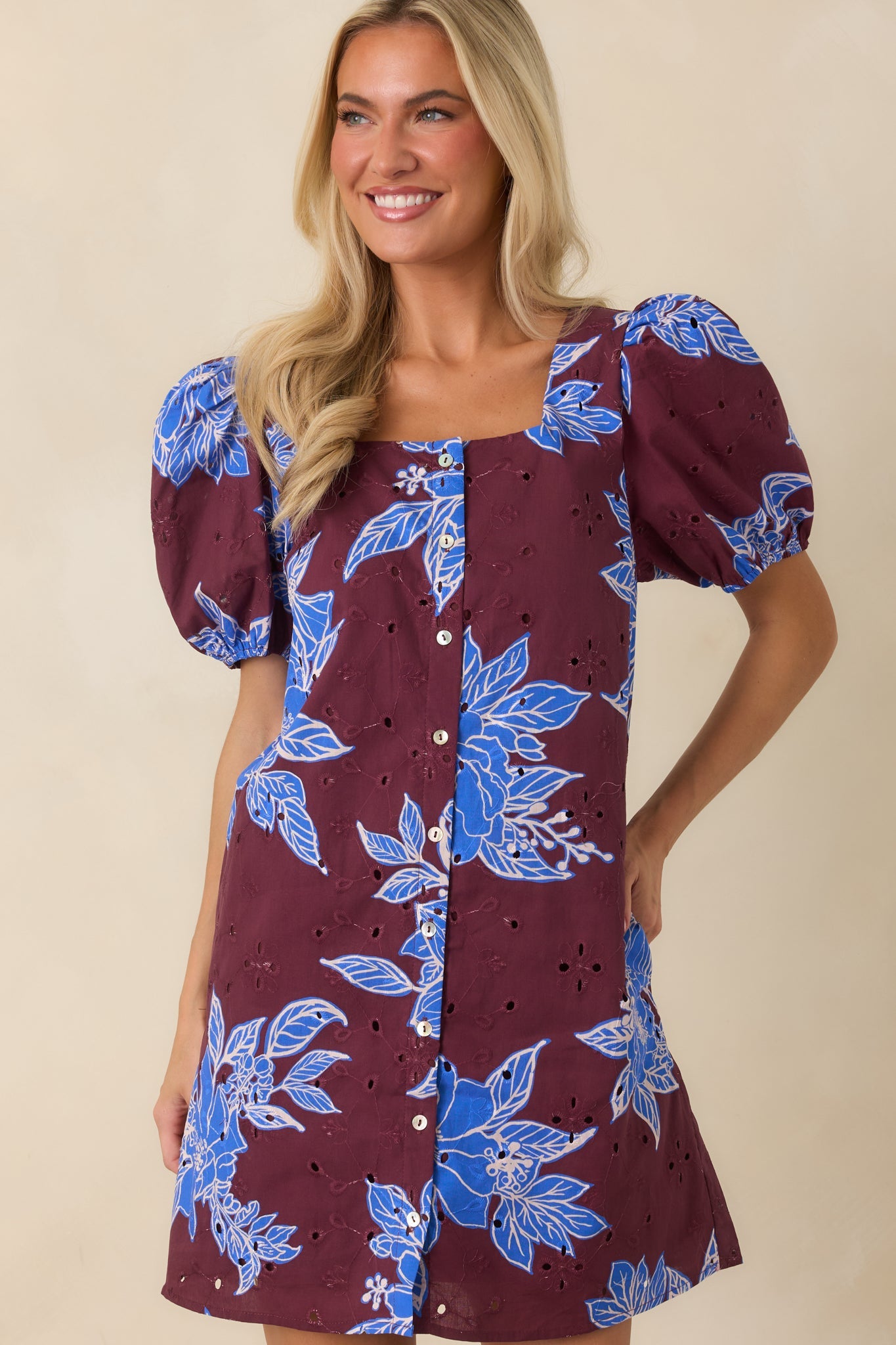 If You Ask Me Wine & Cobalt Floral Cotton Puff Sleeve Mini Dress