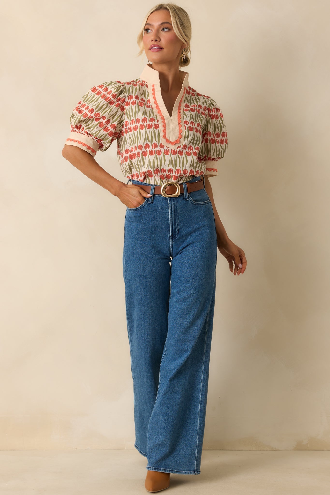 She's Got Time Ivory Tulip Floral Print Cotton Puff Sleeve Top