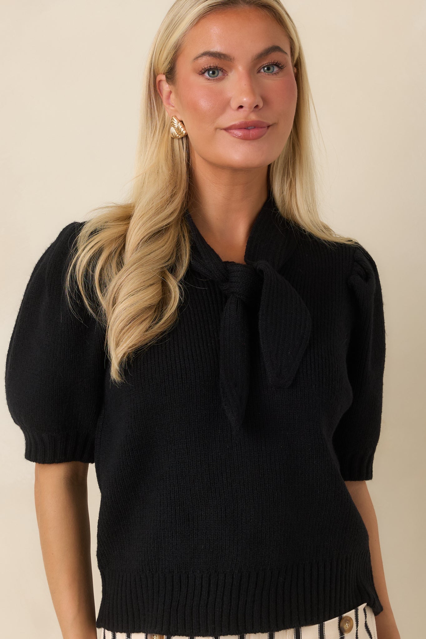 Tied Up Beautifully Black Knit Tie Neck Top