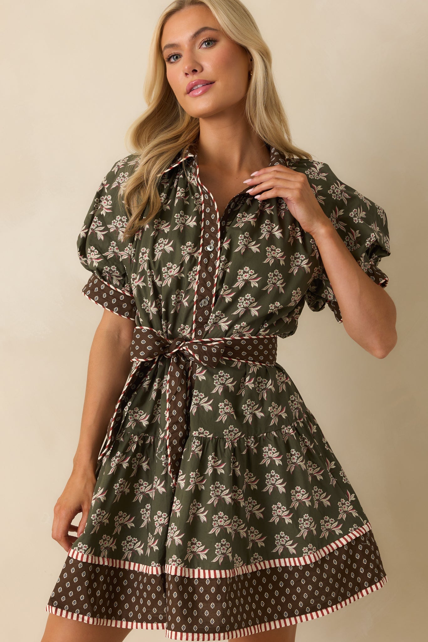 Nothing Forgotten Olive Green Multi Floral Print Cotton Mini Dress