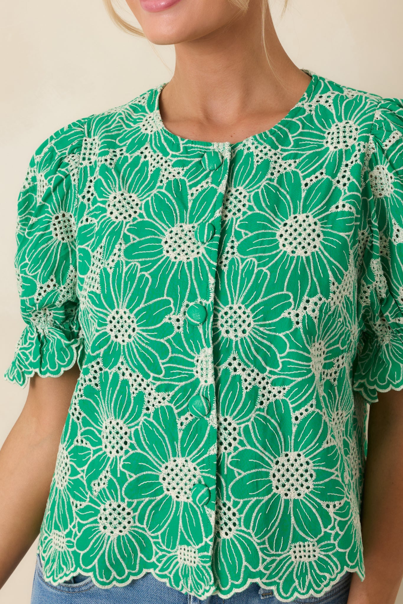 Look At You Green Cotton Floral Embroidered Button Front Top