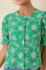 Look At You Green Cotton Floral Embroidered Button Front Top
