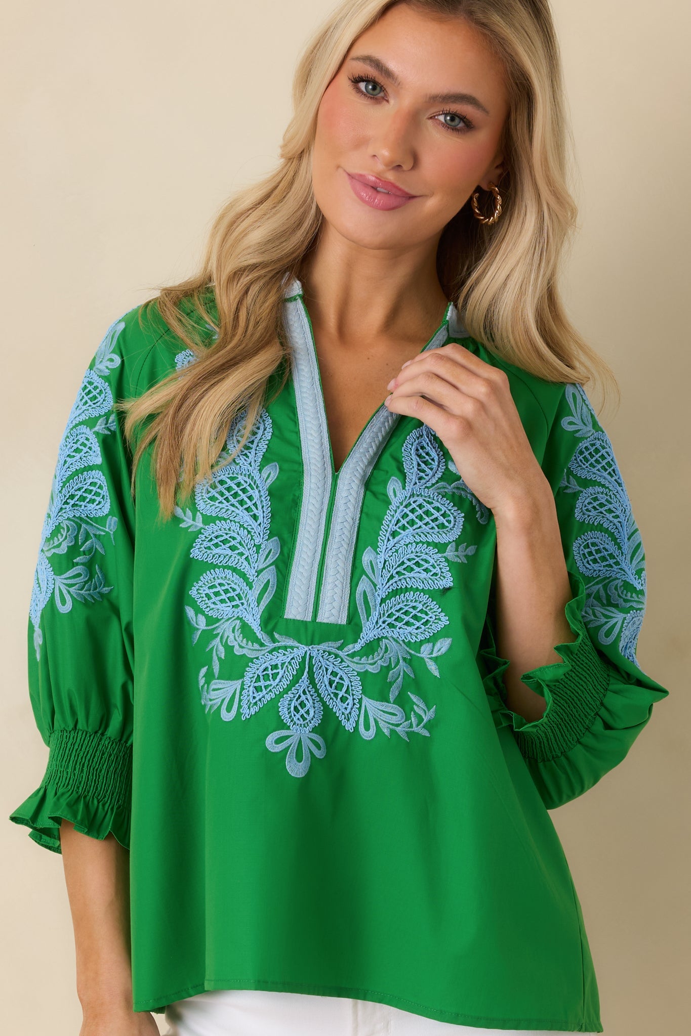 Simple Joys Green Embroidered V-Neck Puff Sleeve Top