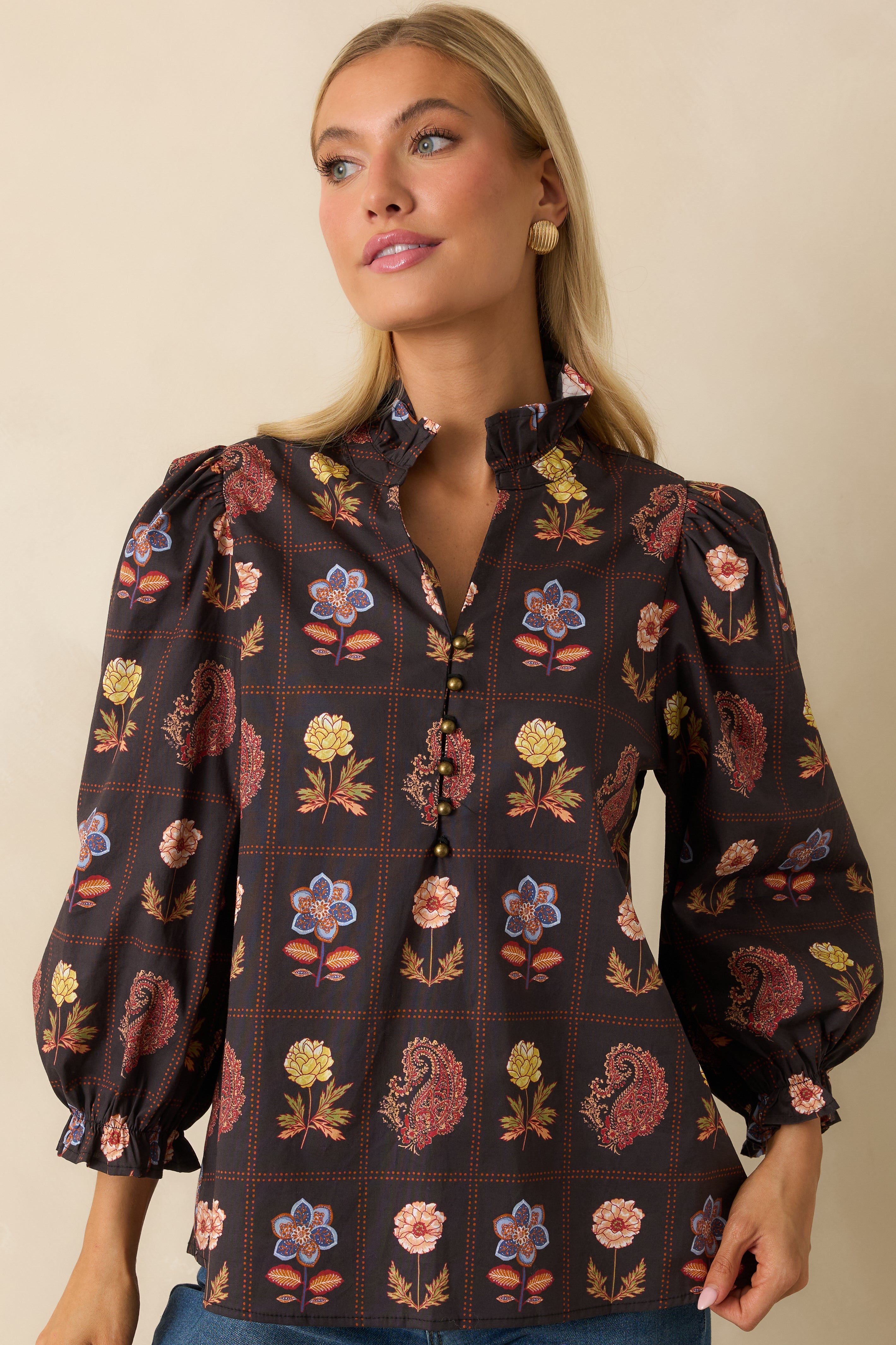 Everything's Blooming Black Multi Floral Cotton Puff Sleeve Blouse