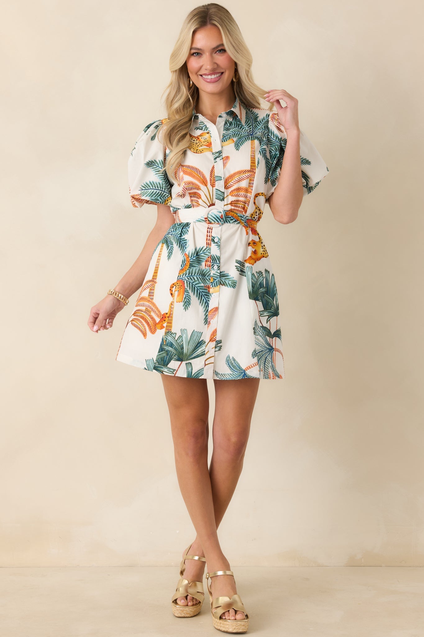 Paradise Plans Ivory Multi Tropical Print Puff Sleeve Mini Dress