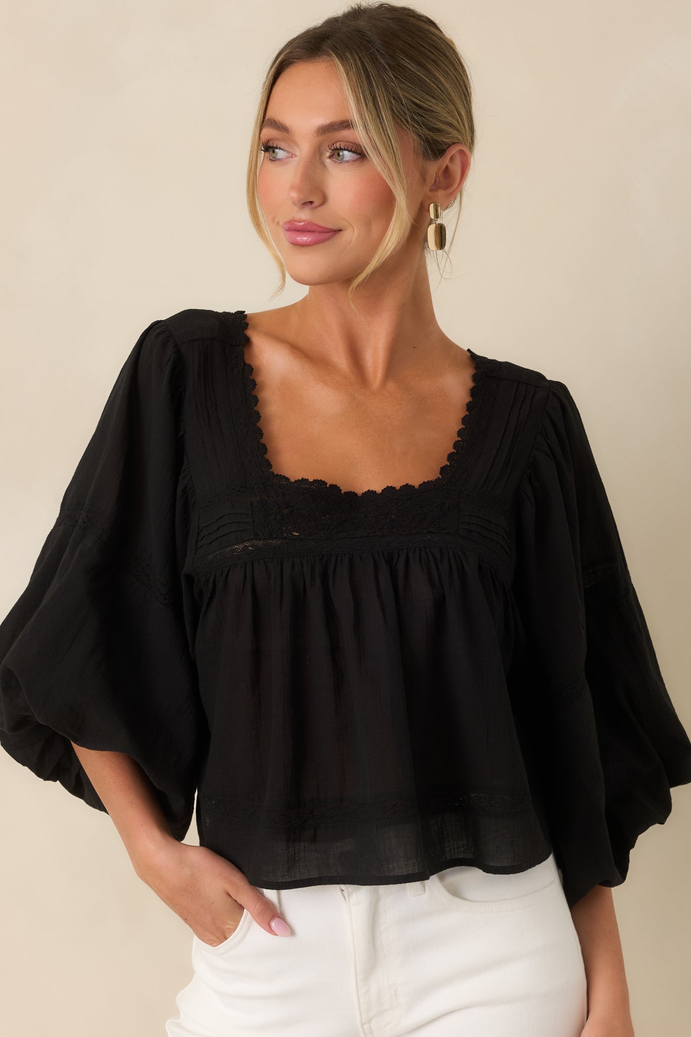 FRNCH Fluvia Black Cotton Puff Sleeve Blouse