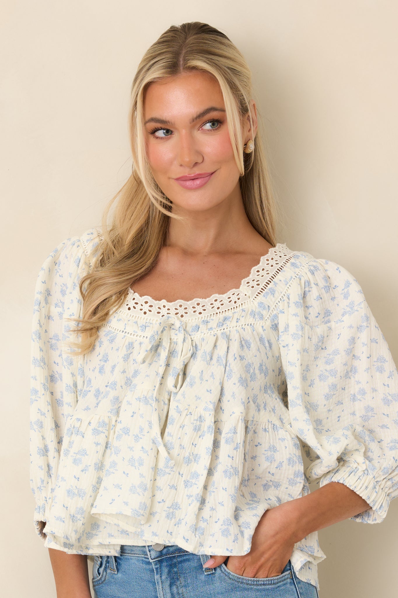 Sweetest Story Ivory & Blue Floral Cotton Blouse