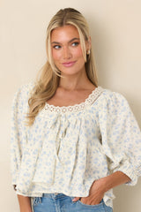 Sweetest Story Ivory & Blue Floral Cotton Blouse