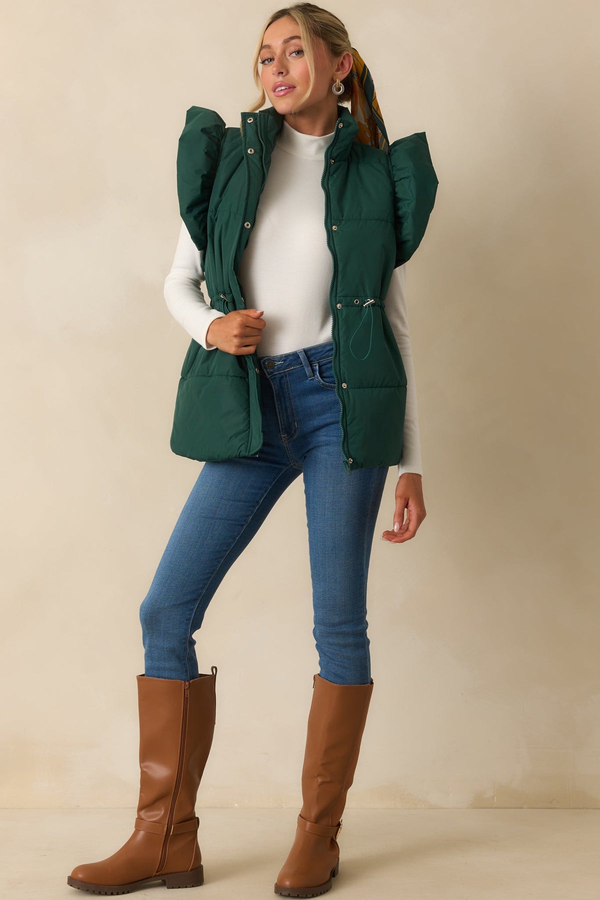 Cherry On Top Forest Green Flutter Sleeve Puffer Vest