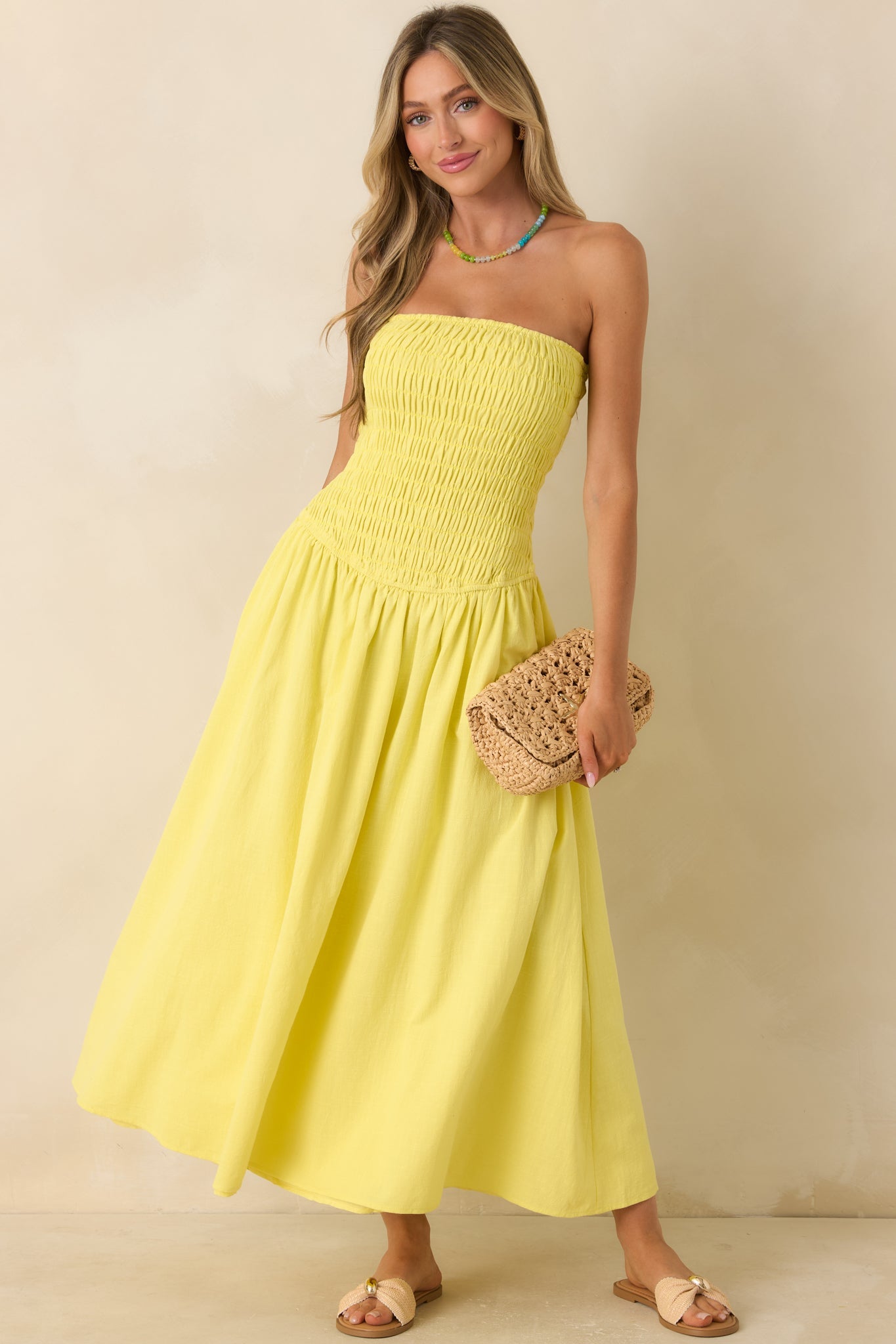 Stay Awhile Yellow Smocked Cotton Maxi Dress