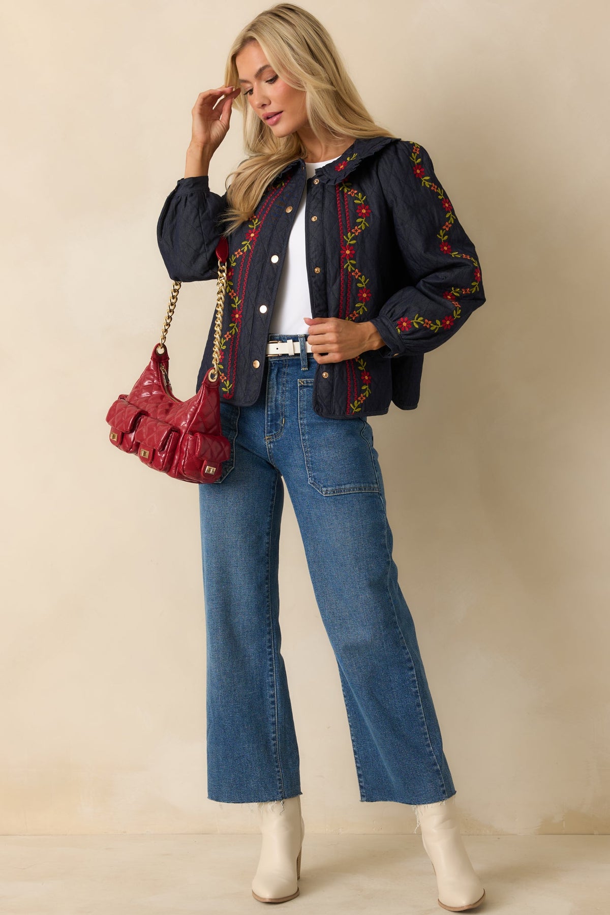 Wildflower Trails Dark Indigo Denim Quilted Embroidered Button Up Jacket