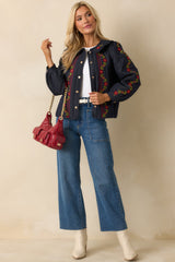Wildflower Trails Dark Indigo Denim Quilted Embroidered Button Up Jacket