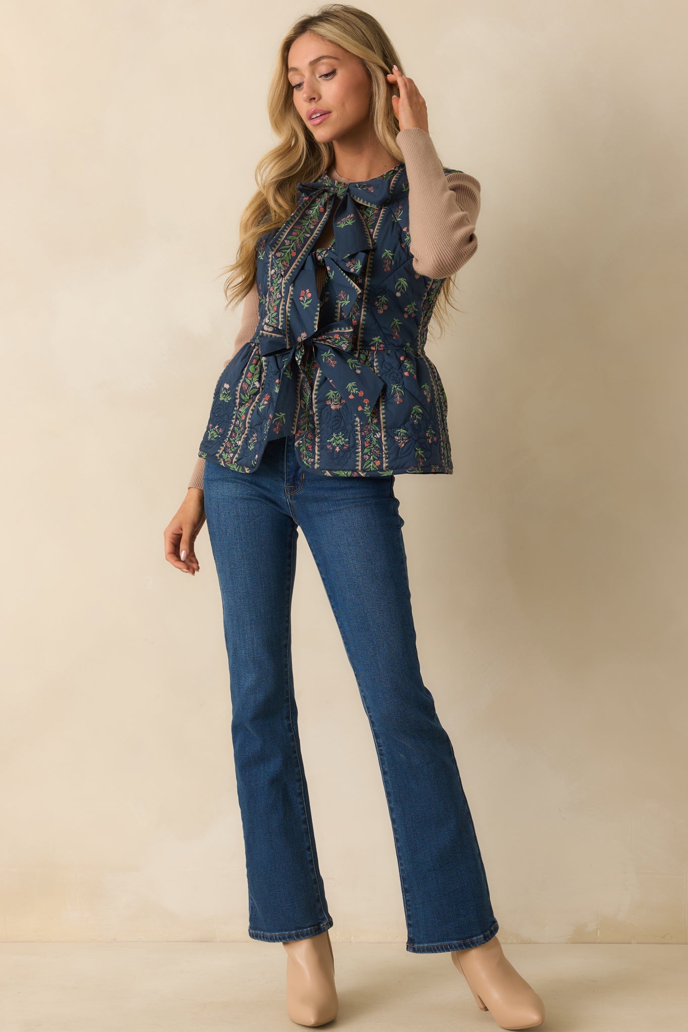 After All Is Said Navy Multi Floral Print Bow Front Quilted Vest