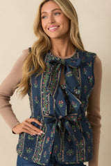 After All Is Said Navy Multi Floral Print Bow Front Quilted Vest