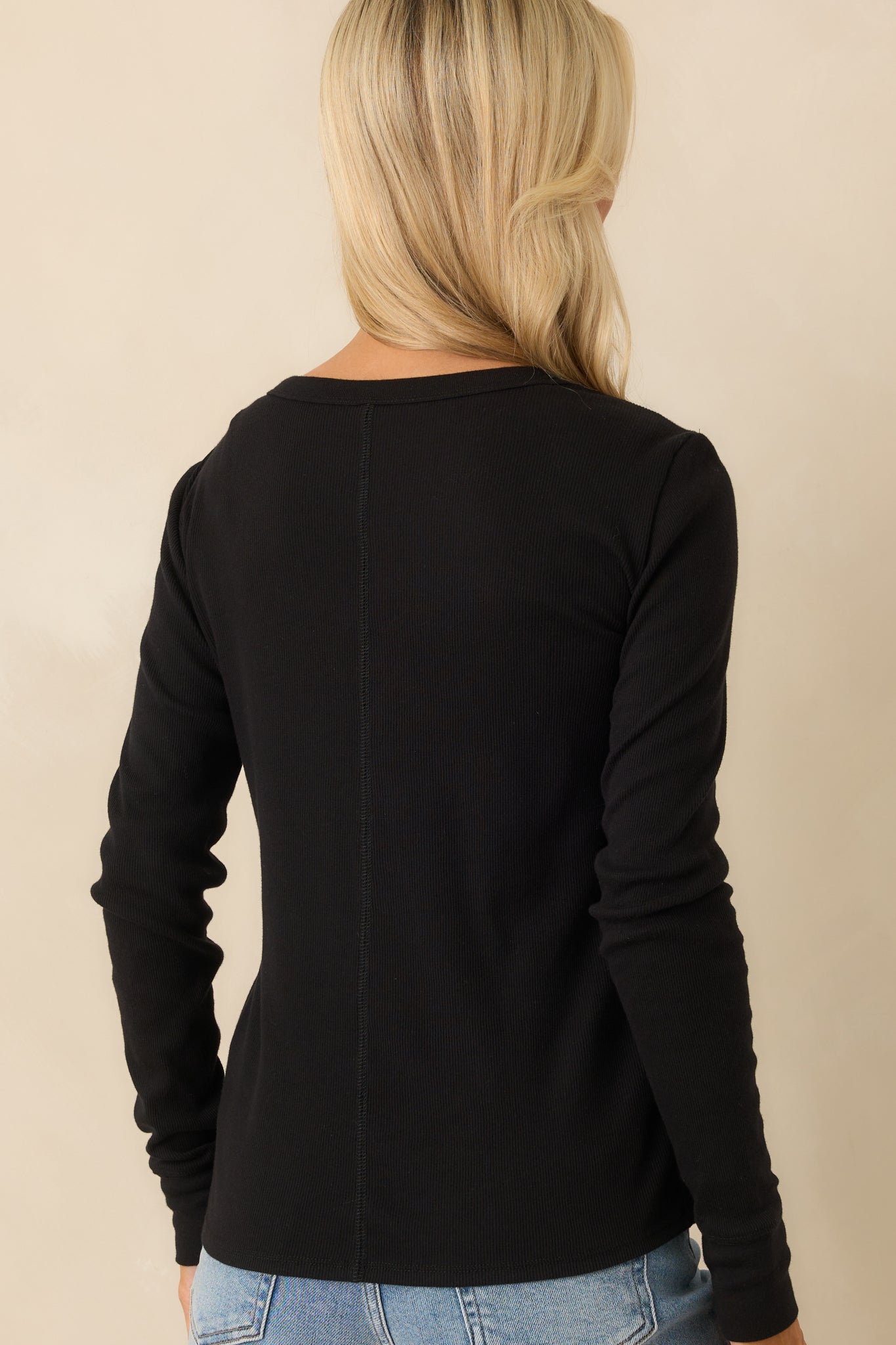 Everyday Envy Black Ribbed Cotton Long Sleeve Henley Tee