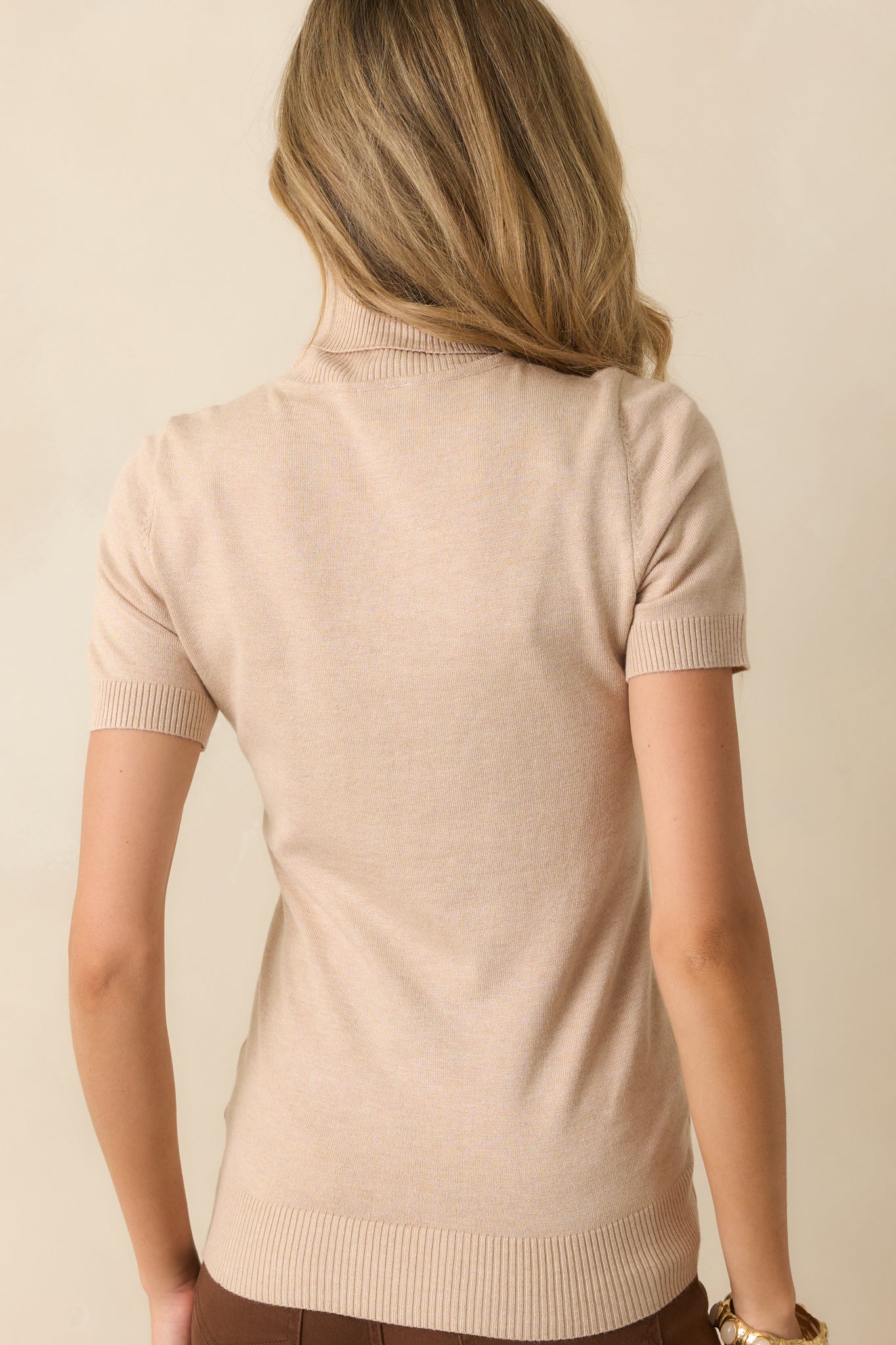 In Just A Minute Beige Ribbed Turtleneck Short Sleeve Sweater