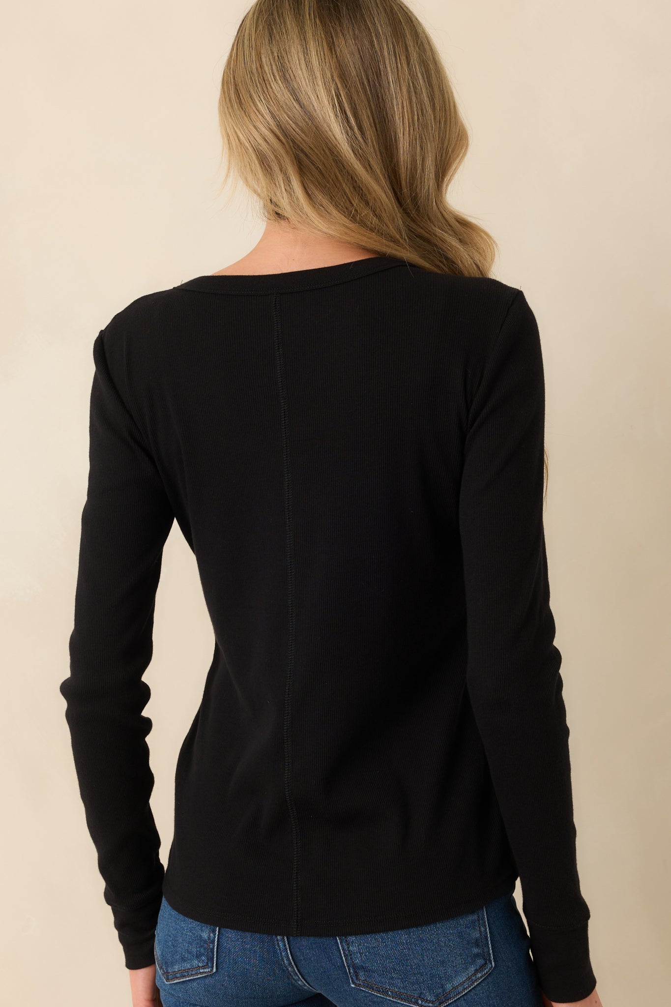 Everyday Envy Black Ribbed Cotton Long Sleeve Henley Tee
