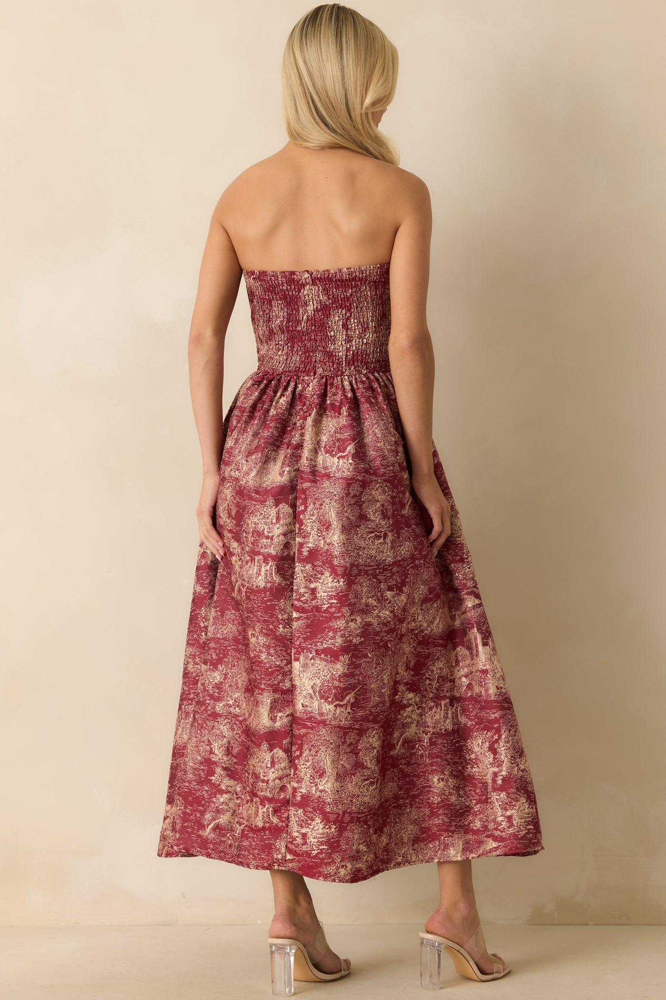 The Genevieve Burgundy Storybook Toile Jacquard Strapless Midi Dress