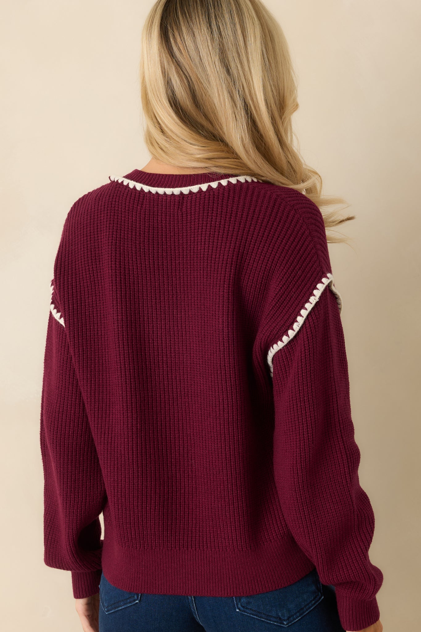 On The Mark Maroon Contrast Trim Knit Button Up Cardigan