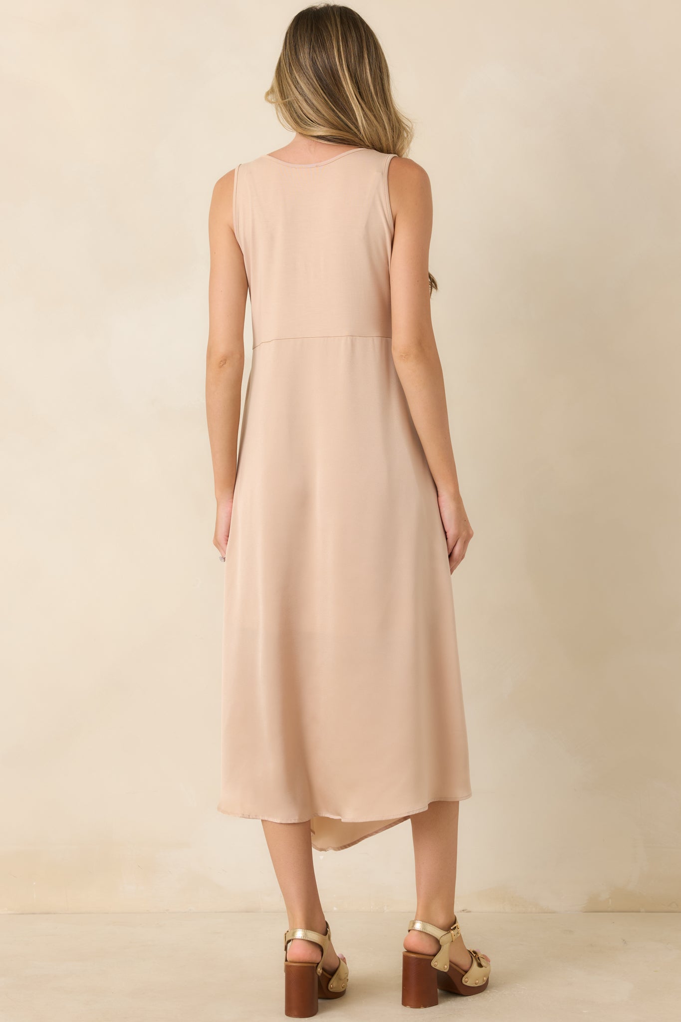 Easy Confidence Champagne Knit & Satin Sleeveless Midi Dress