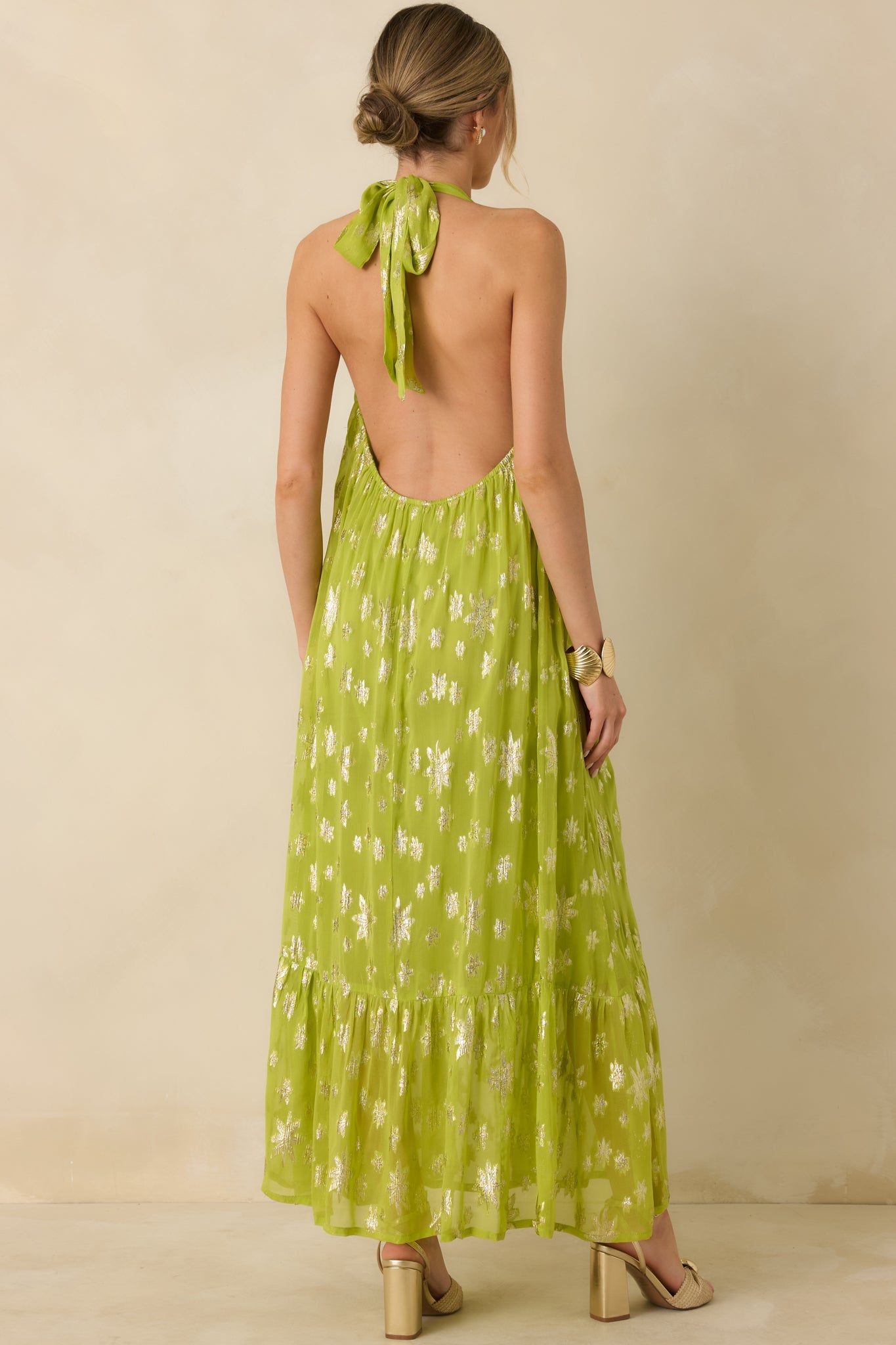 Glow With Grace Chartreuse Metallic Floral Halter Maxi Dress