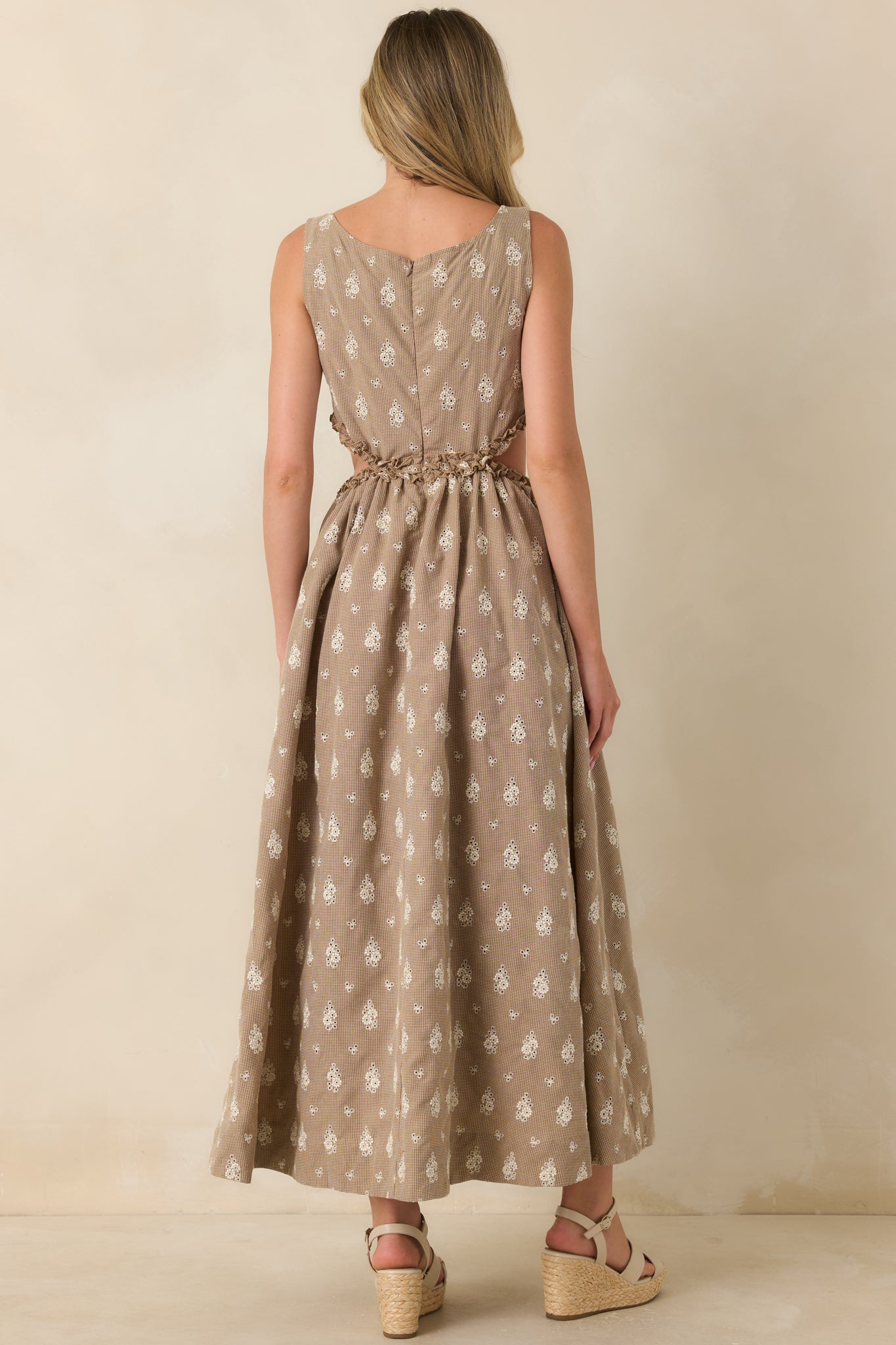 FRNCH Stellaria Brown Cotton Floral Eyelet Cut-Out Maxi Dress