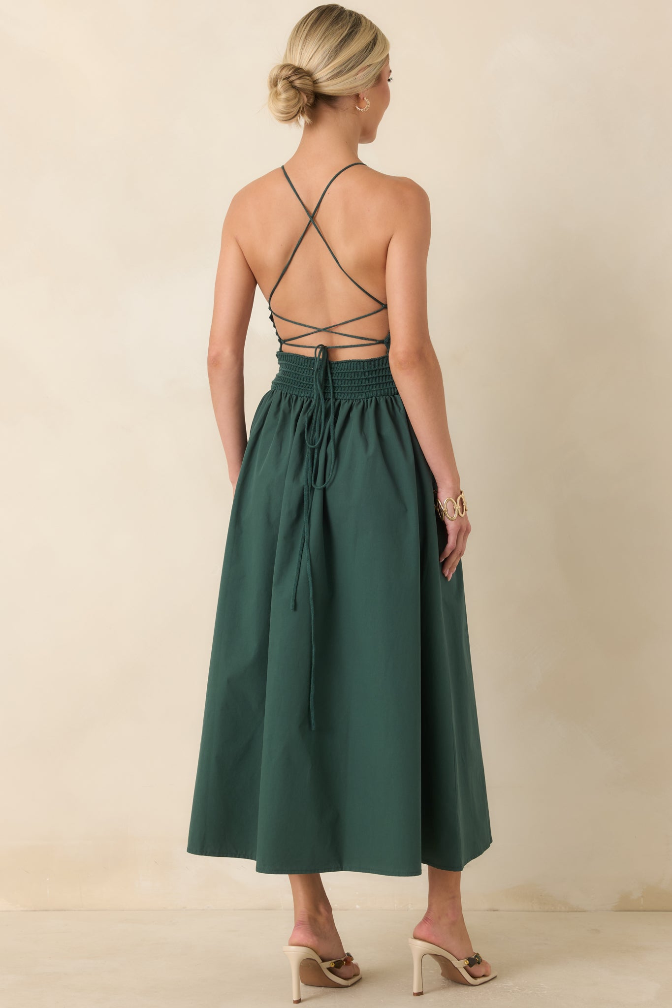 FRNCH Lucia Green Cotton Strappy Knit Bodice Midi Dress