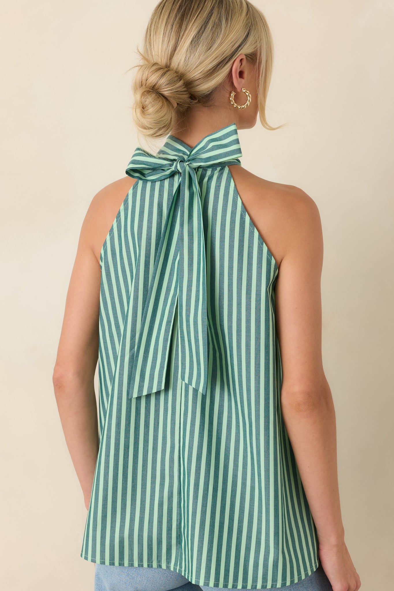 FRNCH Crescenzo Green Stripe Cotton Tie-Neck Halter Top
