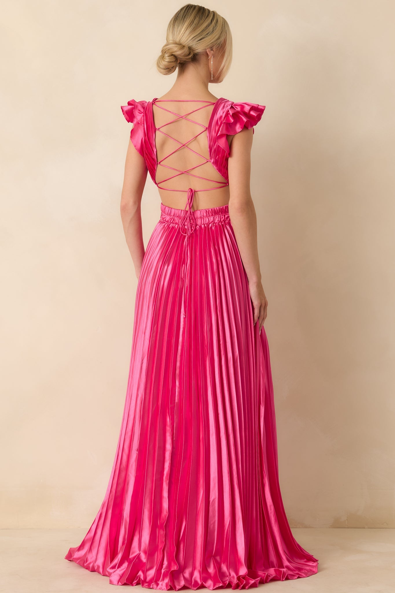 Let's Dance Hot Pink Pleated Satin Lace Back Maxi Dress
