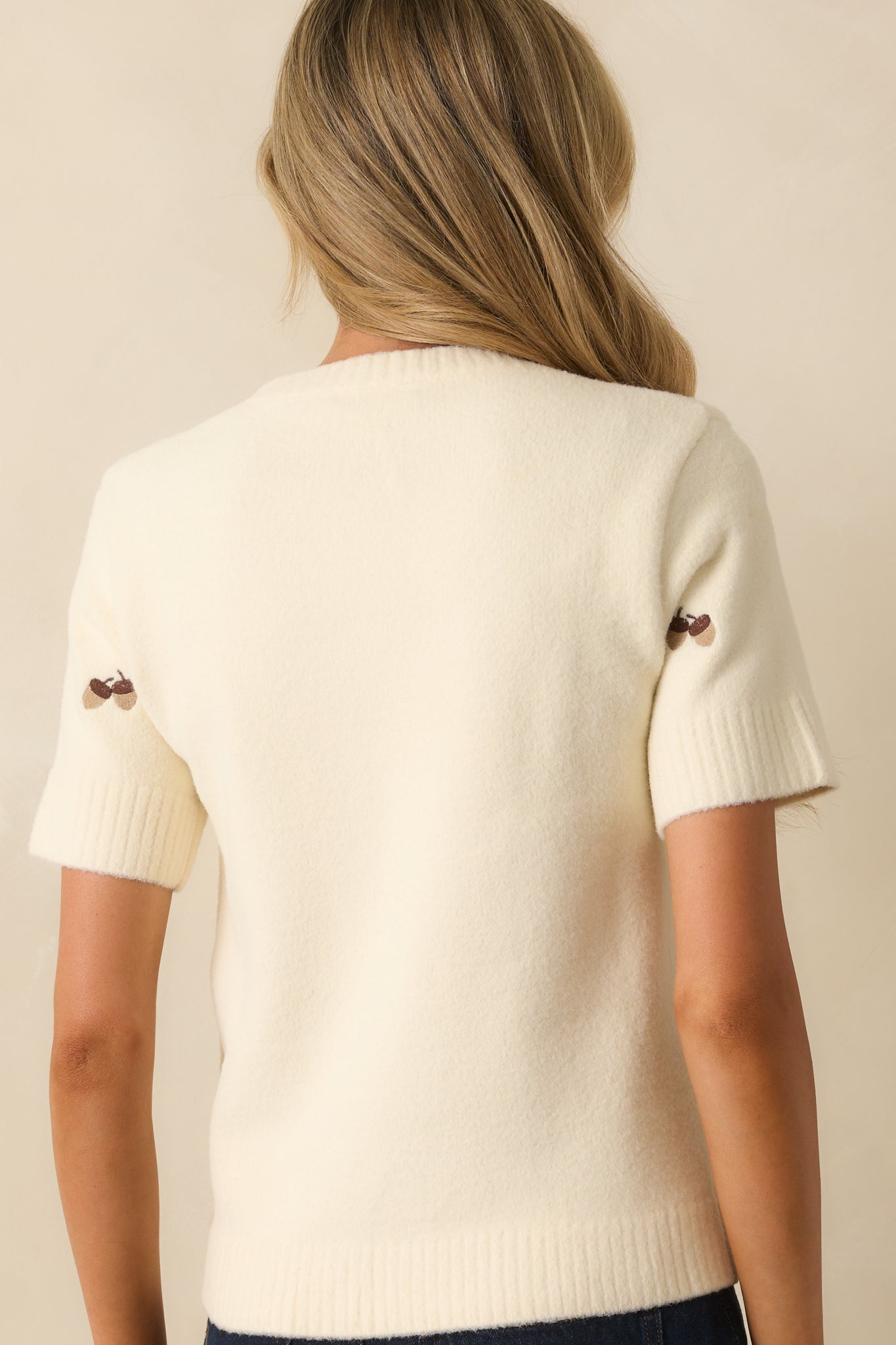 Found My Place Ivory Acorn Embroidered Short Sleeve Sweater