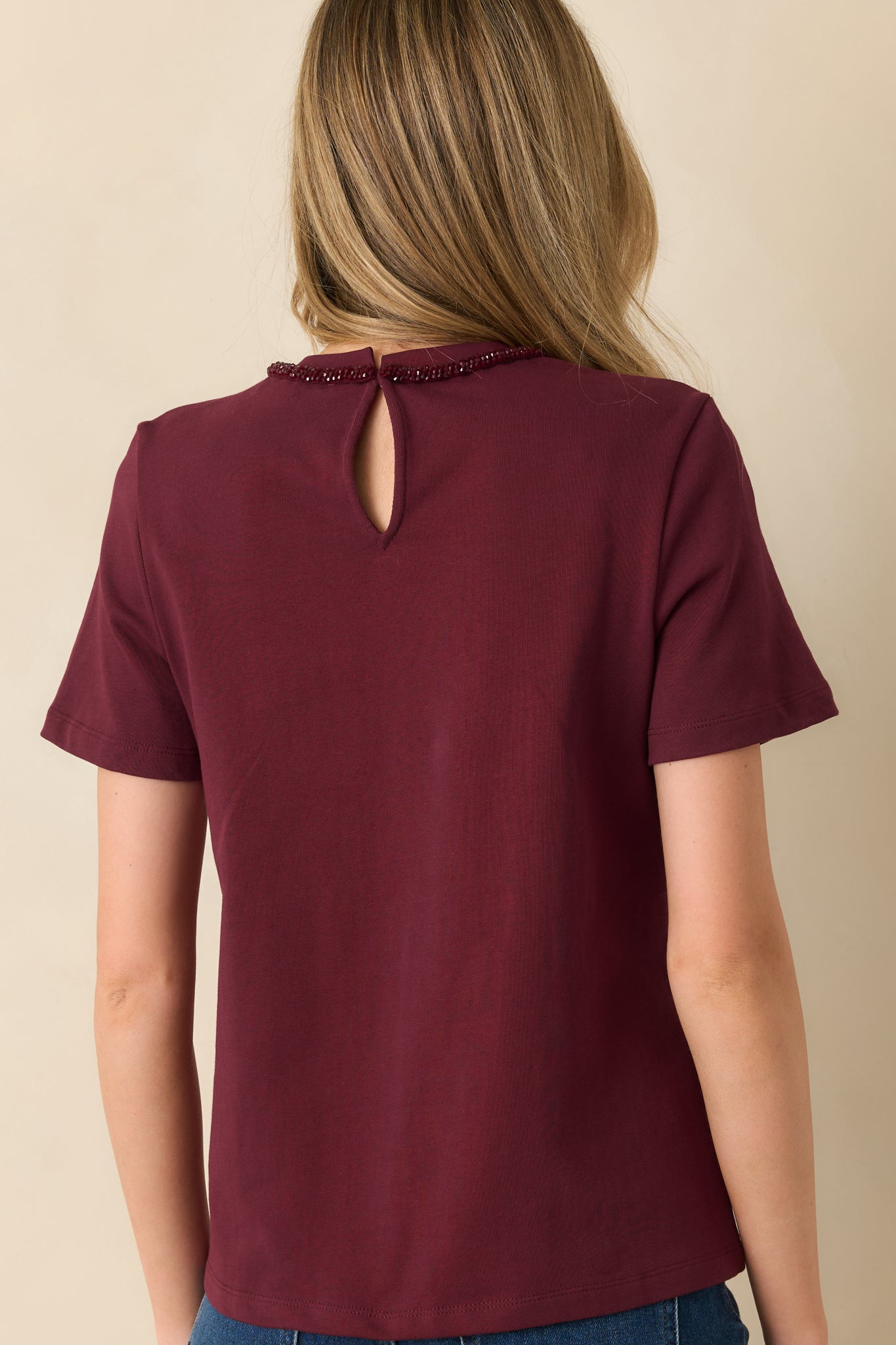 Tied To Charm Burgundy Cotton Beaded Bow Short Sleeve Top
