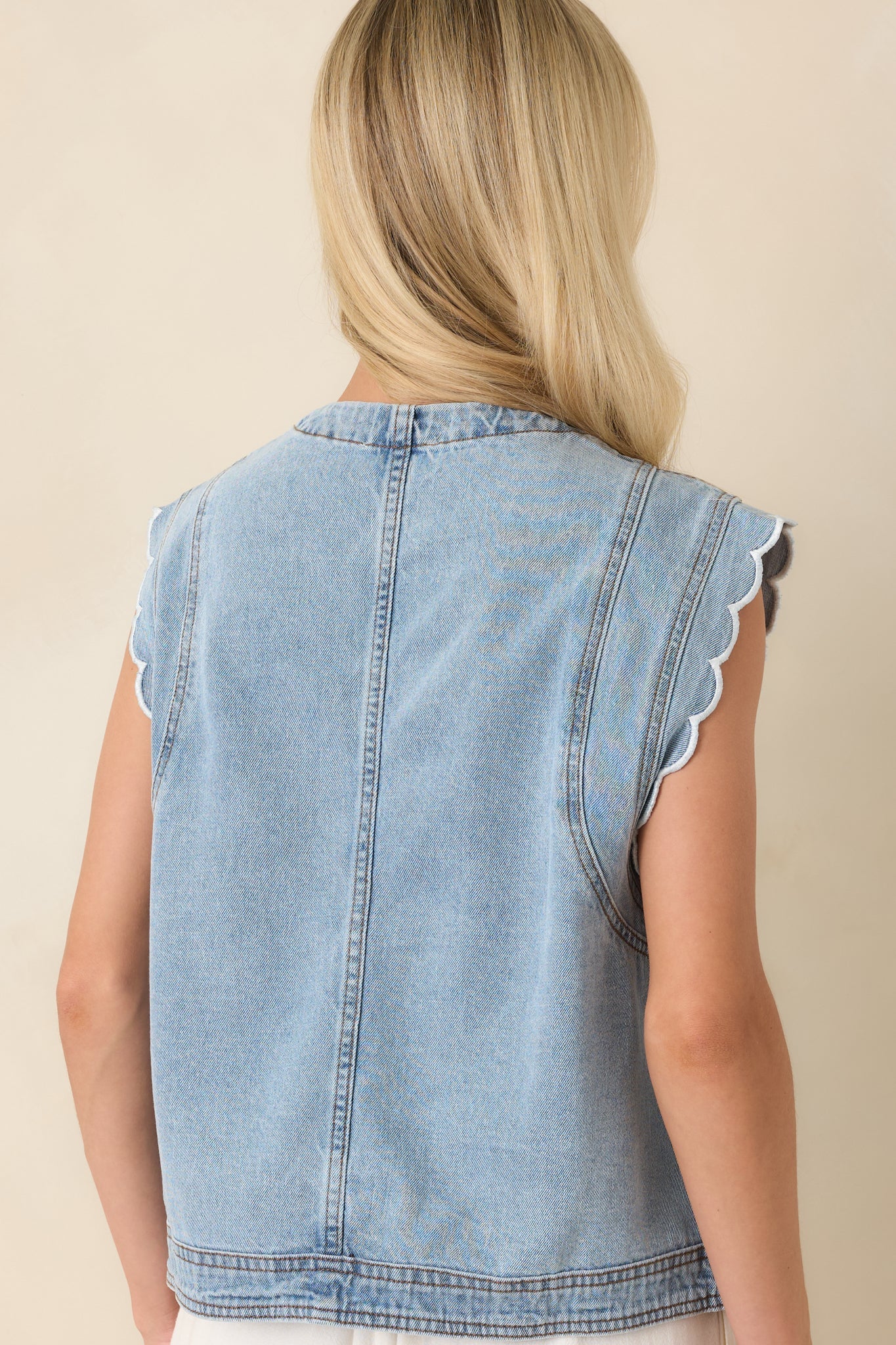 FRNCH Lillo Light Wash Cotton Denim Ruffle Detail Vest