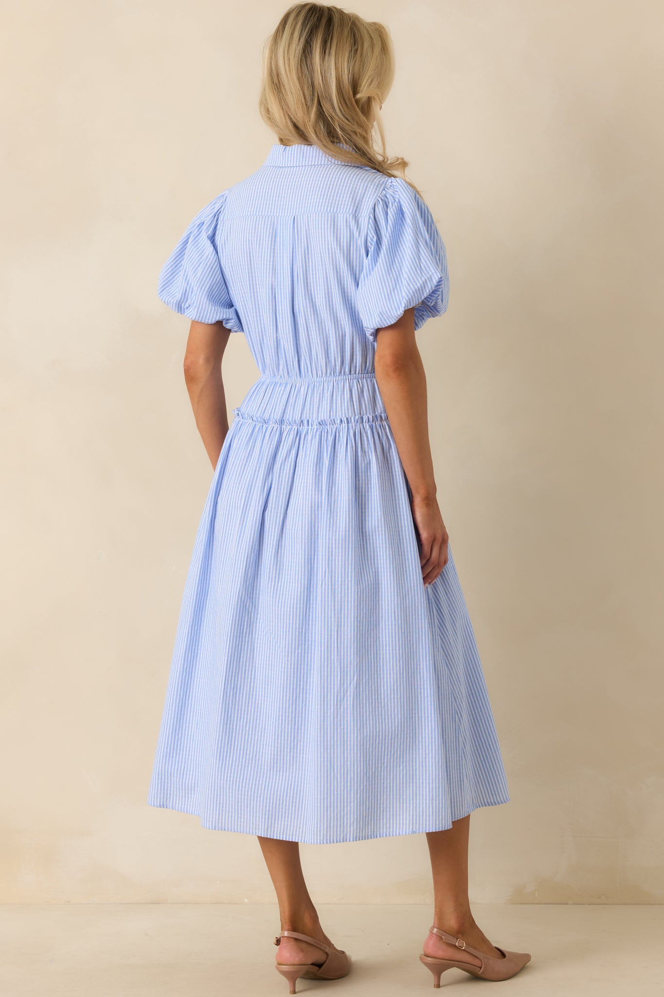 A Twist On Timeless Blue Stripe Rayon Maxi Shirt Dress