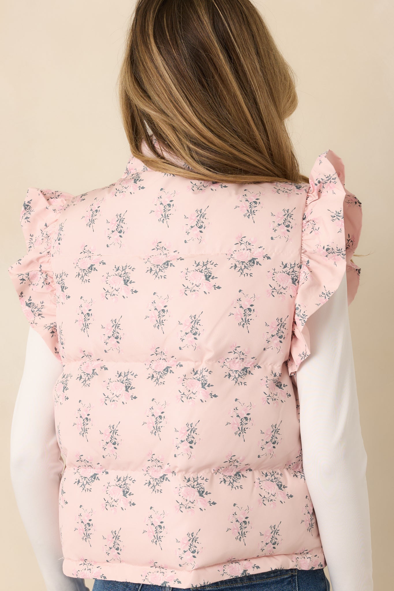 Glad You're Here Blush Pink Multi Floral Pattern Puffer Vest