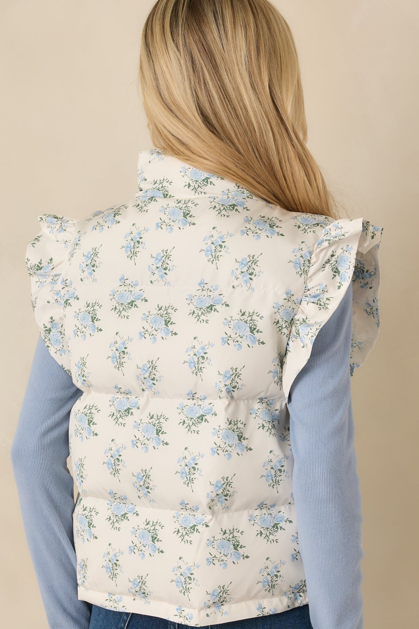 Glad You're Here Ivory Multi Floral Pattern Puffer Vest