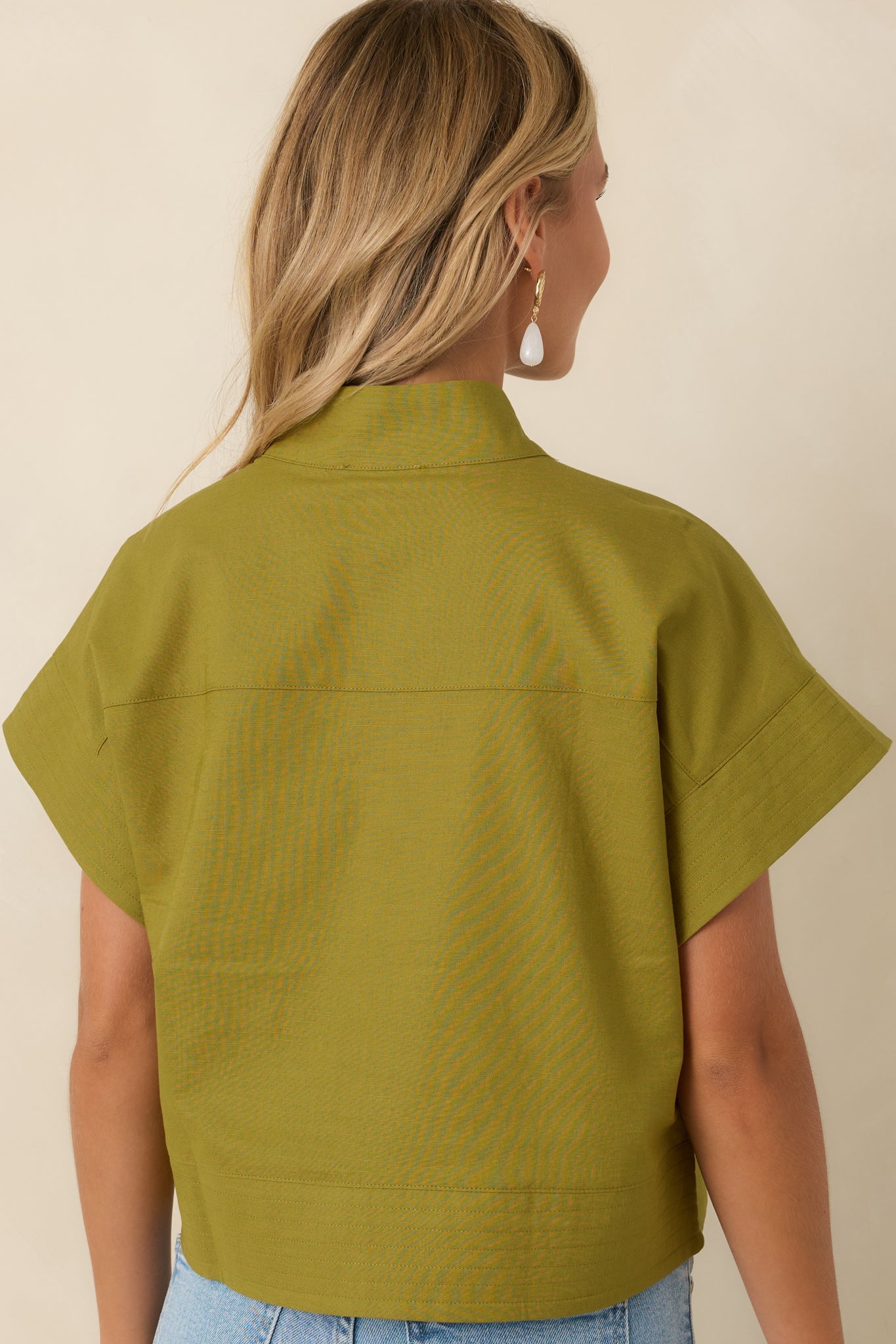 Pretty In Power Olive Green Cotton Linen Button-Front Mock Neck Top