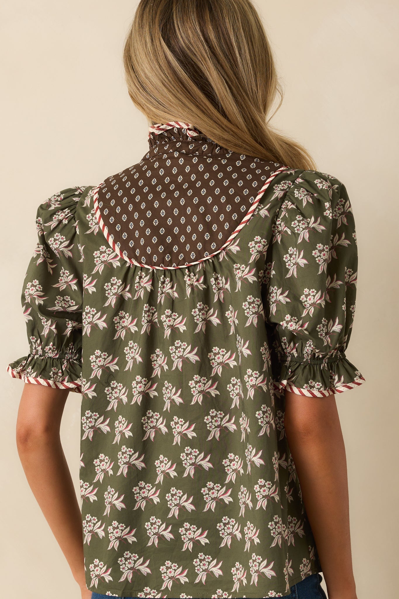 In No Time Olive Green Multi Floral Print Cotton Puff Sleeve Top