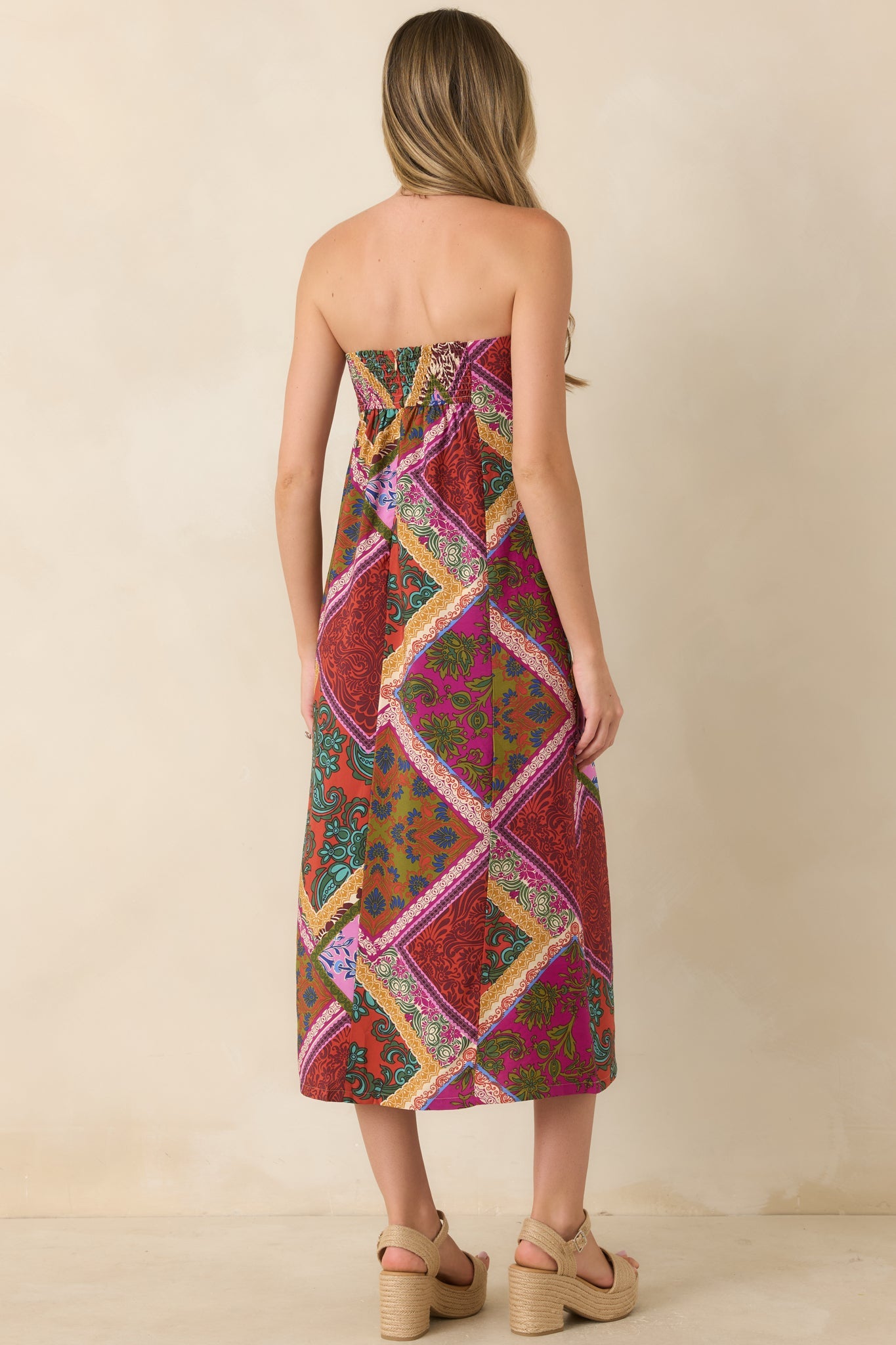 Everyone Knows Red Multi Patchwork Print Rayon Strapless Midi Dress