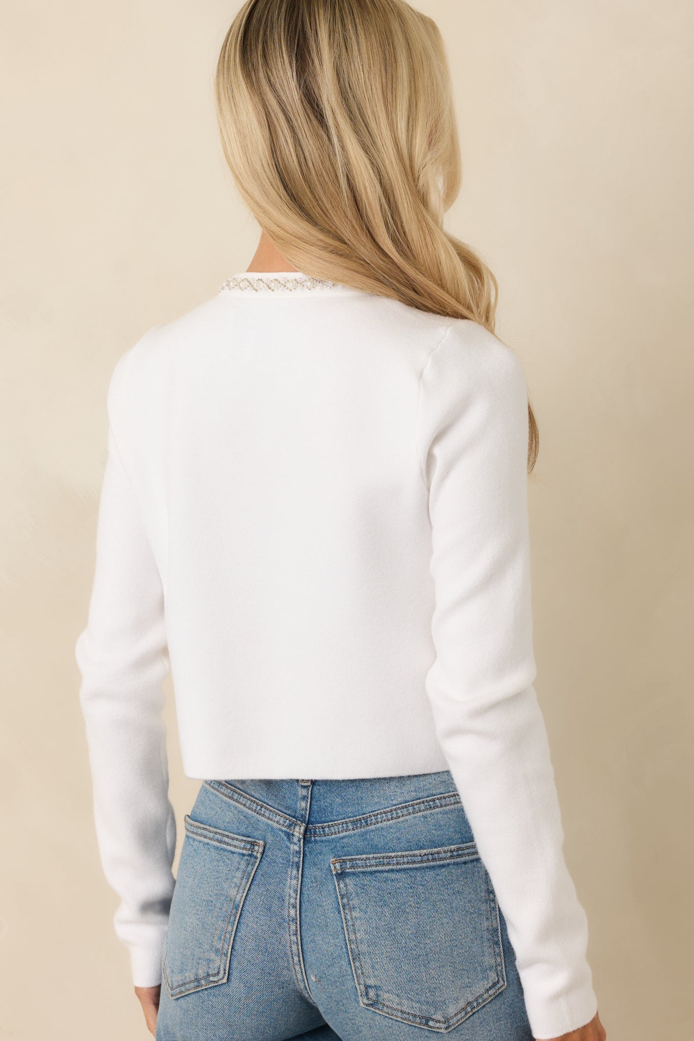 Without Question White Stretch Knit Beaded Cardigan Sweater