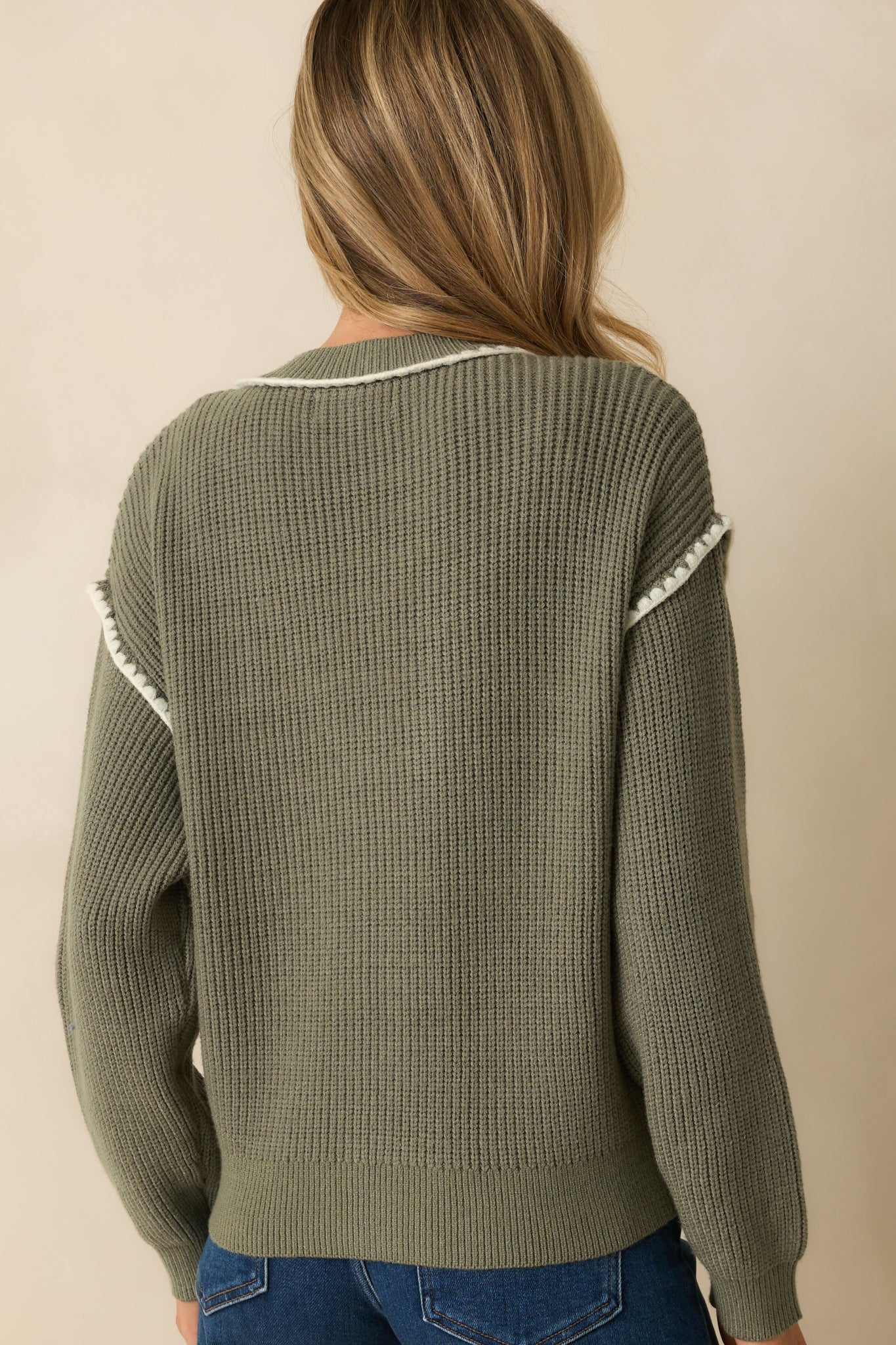 On The Mark Sage Green Contrast Trim Knit Button Up Cardigan