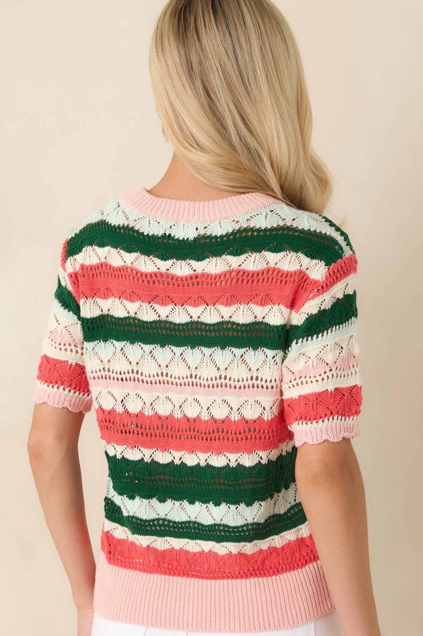 FRNCH Gelsomina Green & Coral Stripe Knit Sweater