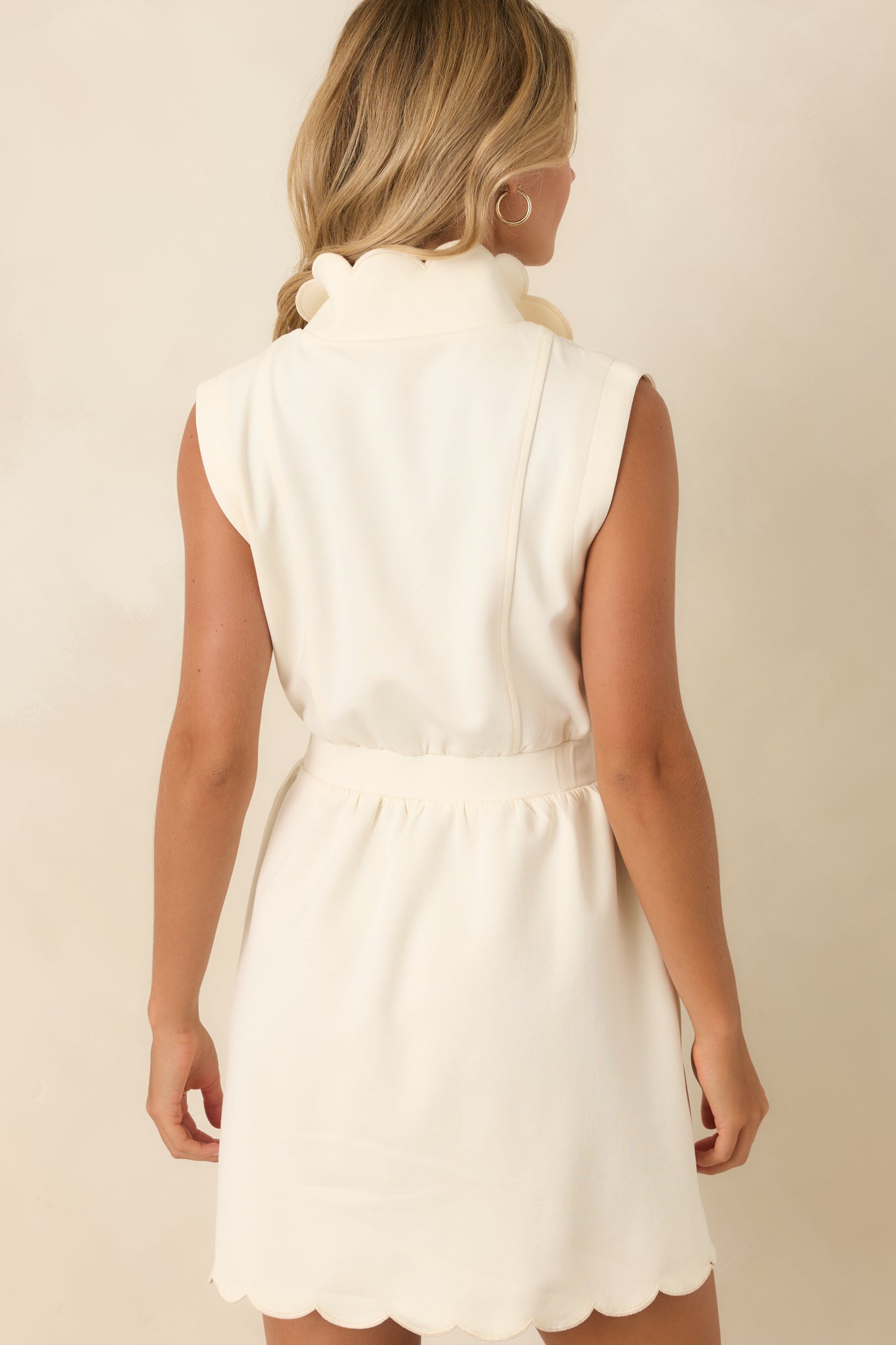 Zip Through the Day Ivory Zip Front Scalloped Hem Mini Dress