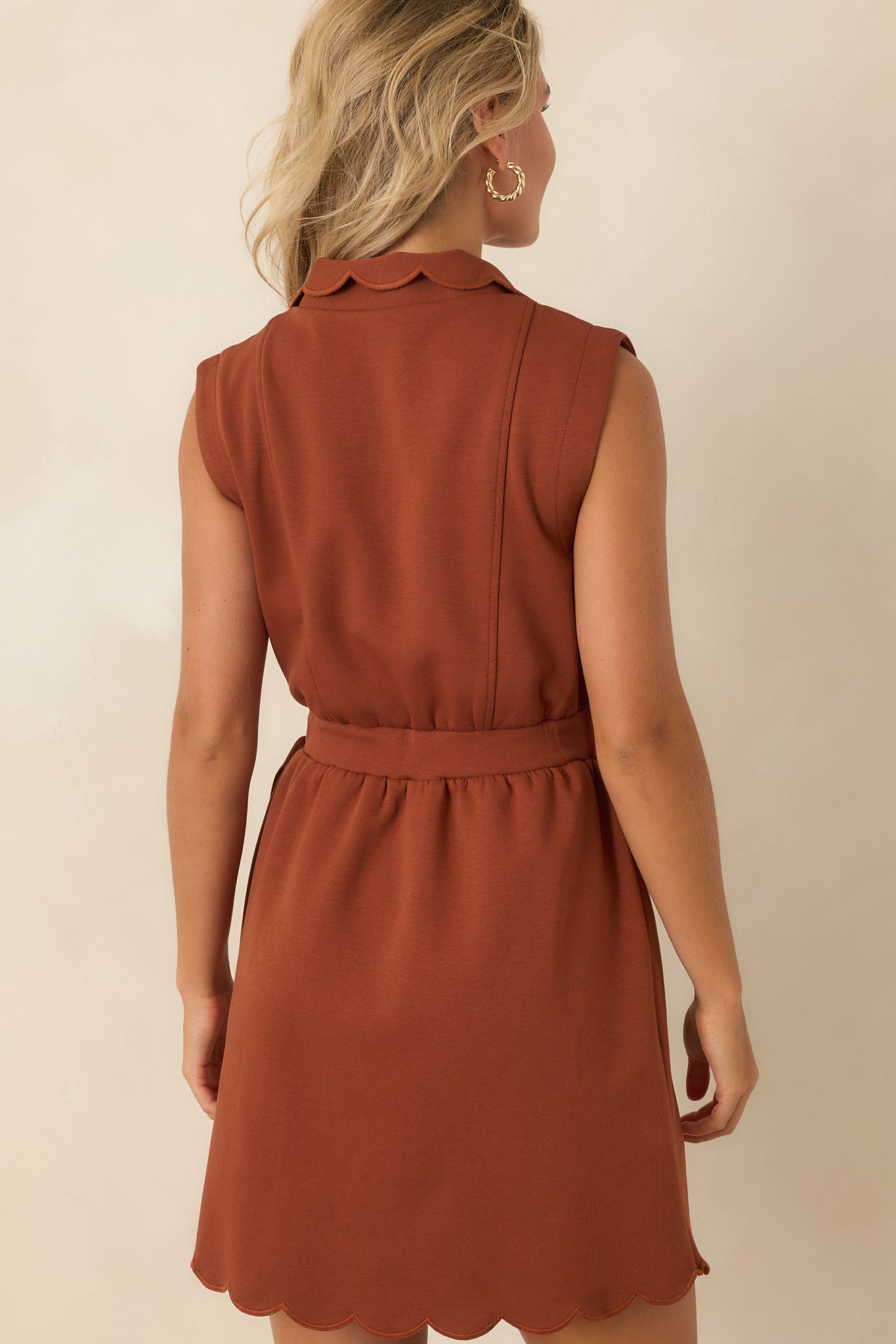 Zip Through the Day Rust Zip Front Scalloped Hem Mini Dress