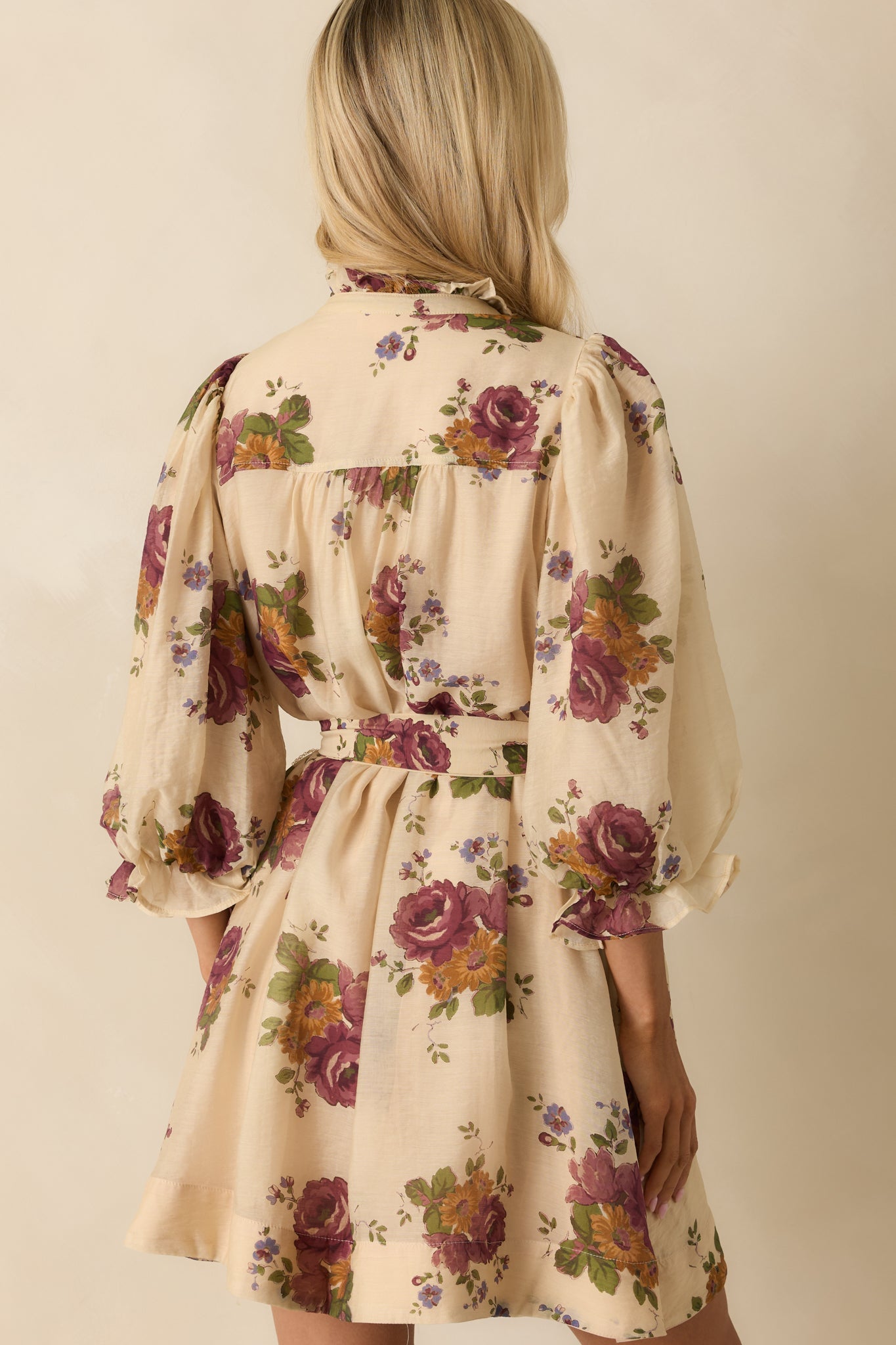 Rustic Romance Beige Multi Floral Print Belted Mini Dress